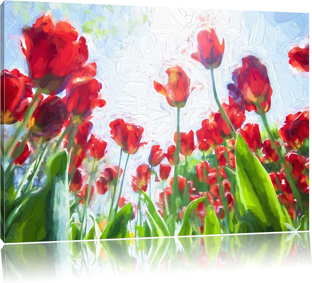 Tulpenfeld Pinsel Effekt, Format: 100x70 auf Leinwand, XXL riesige Bilder fertig gerahmt mit Keilrah