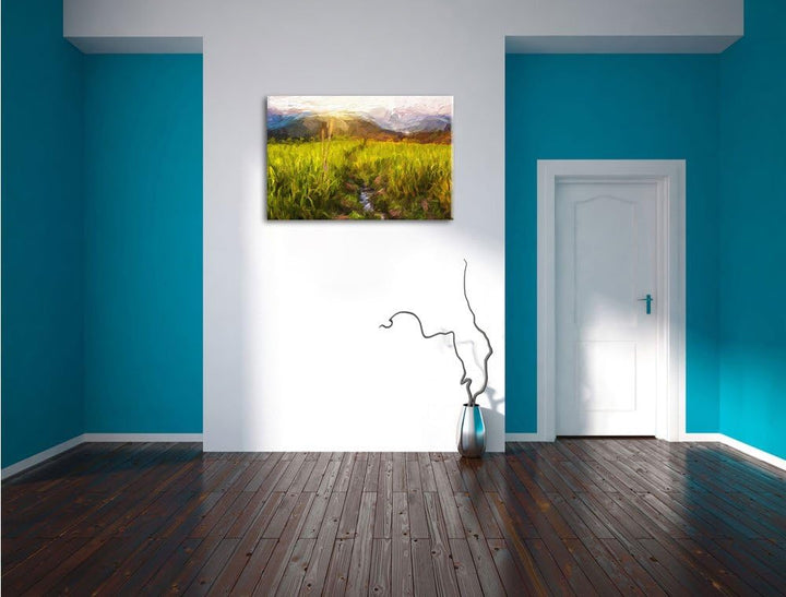 Pixxprint Reisfeld Plantage in Asien Kunst Pinsel Effekt, Format: 100x70 auf Leinwand, 100x70