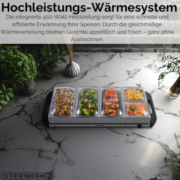 Steinborg® Buffetwärmer XXL elektrische Warmhalteplatte mit Deckel Speisewärmer 450 Watt 5 Speisebeh