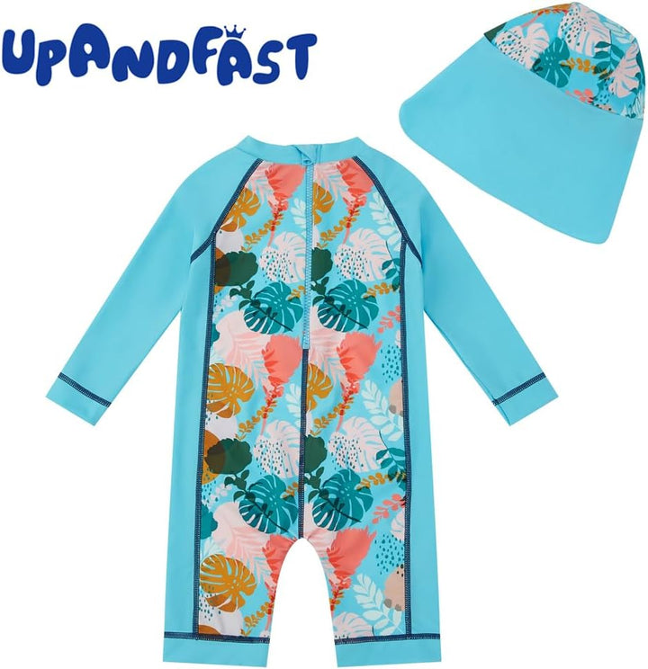 upandfast Baby Badeanzug mit Sonnenhut UPF 50+ Badebekleidung für Baby 6-9 Monate Blau Blätte, 6-9 M