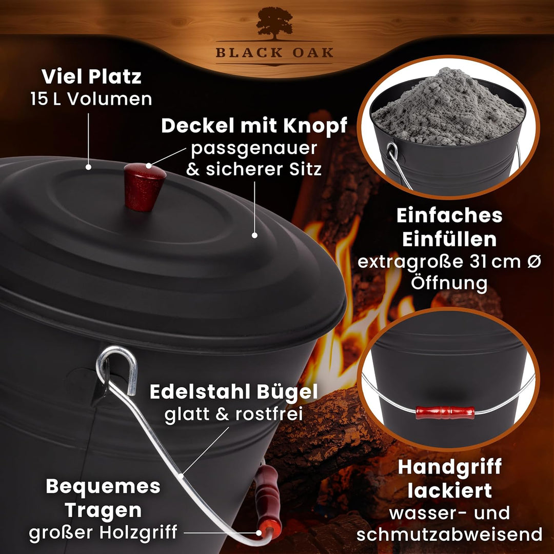 BLACK OAK Ascheeimer Katla 15L – Set Schaufel &amp; Besen schwarz rund mit Deckel gross 15 Liter Stahl f