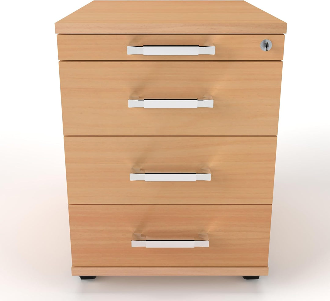 Rollcontainer CADI 43×58×59 cm – abschliessbarer Bürocontainer in Buche mit Orga- & 3 Universal-Schu