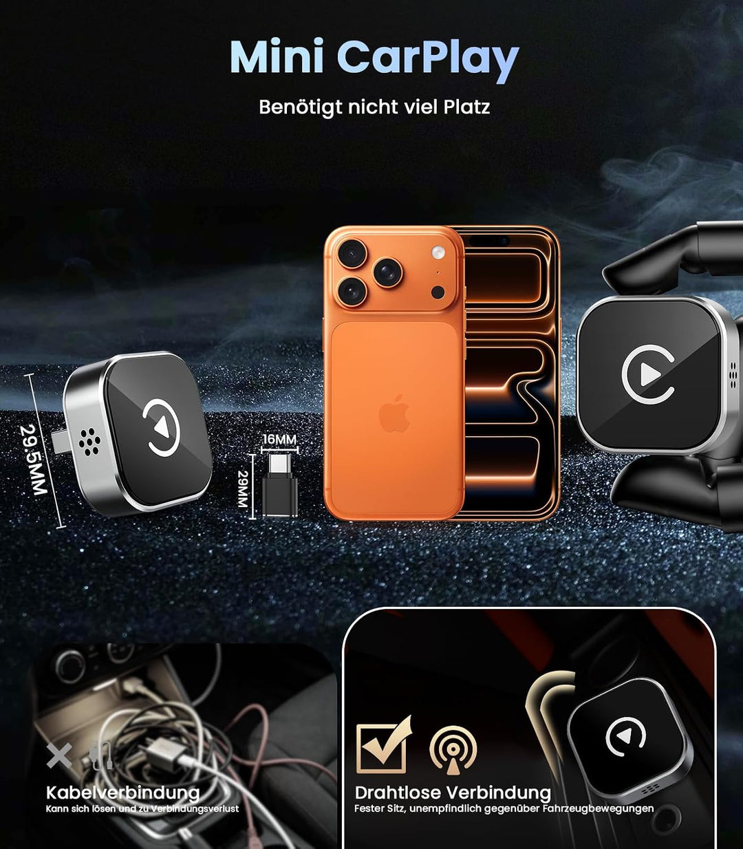 Mini CarPlay Wireless Adapter für iOS/Android, 2 in 1 Car Play Plug&amp;Play Silber, Silber
