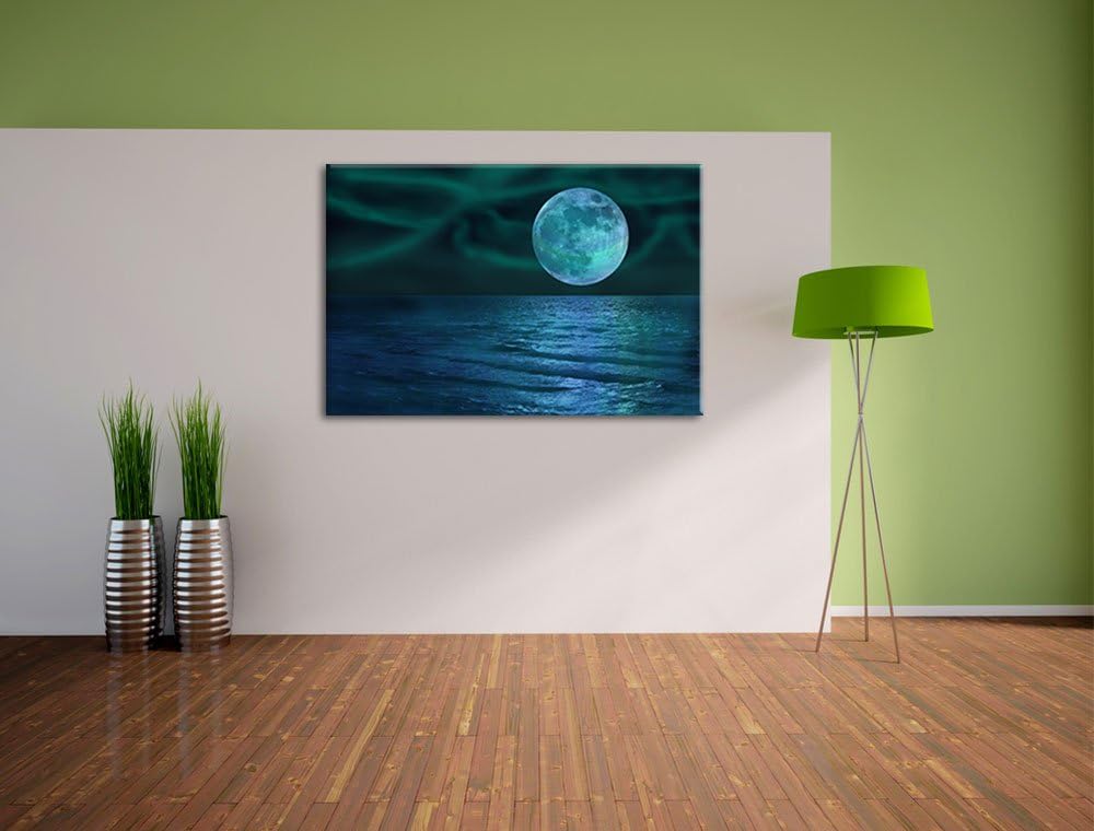 ruhiges Meer mit Vollmond schwarz/weiss Format: 100x70 auf Leinwand, XXL riesige Bilder fertig gerah