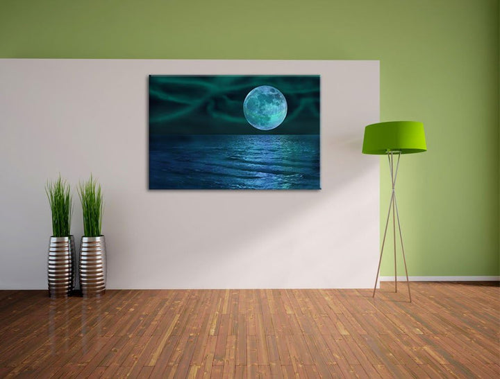 ruhiges Meer mit Vollmond schwarz/weiss Format: 100x70 auf Leinwand, XXL riesige Bilder fertig gerah