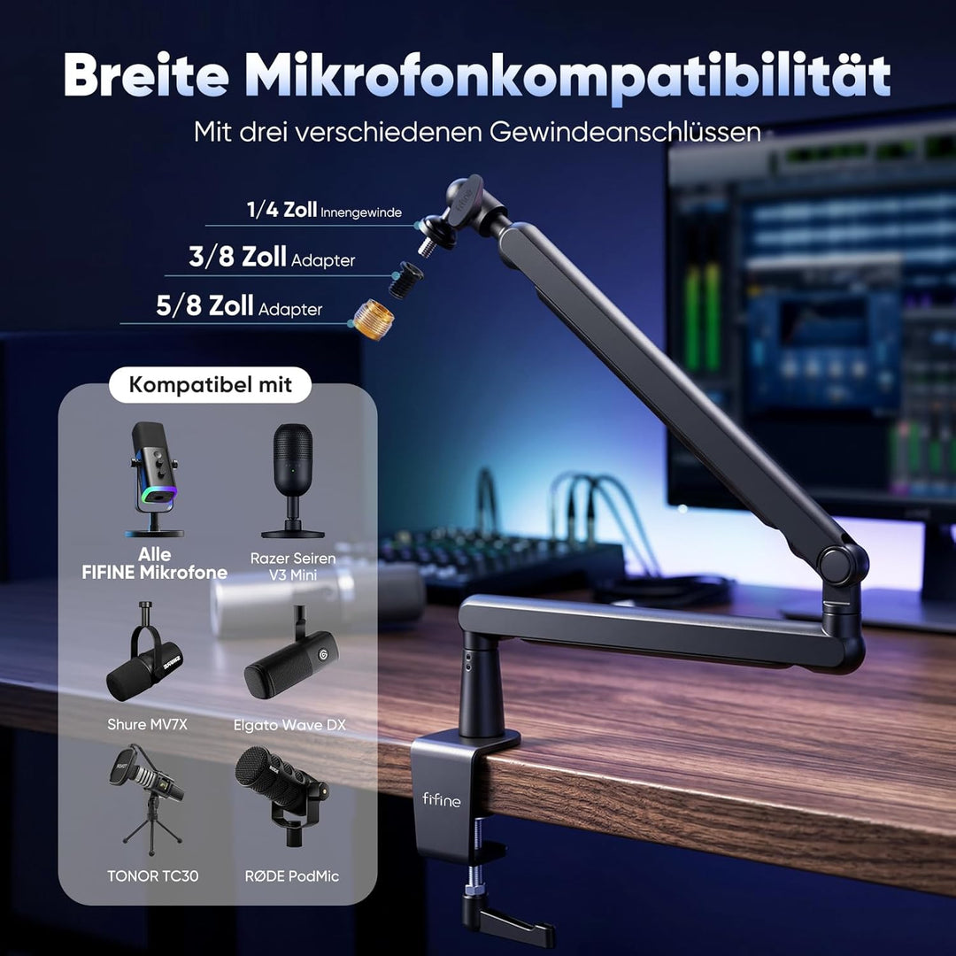 FIFINE Mikrofon Arm, flach einstellbarer Stangen Mikrofon Ständer mit Mikrofonclip, Schraubenadapter