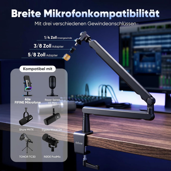 FIFINE Mikrofon Arm, flach einstellbarer Stangen Mikrofon Ständer mit Mikrofonclip, Schraubenadapter