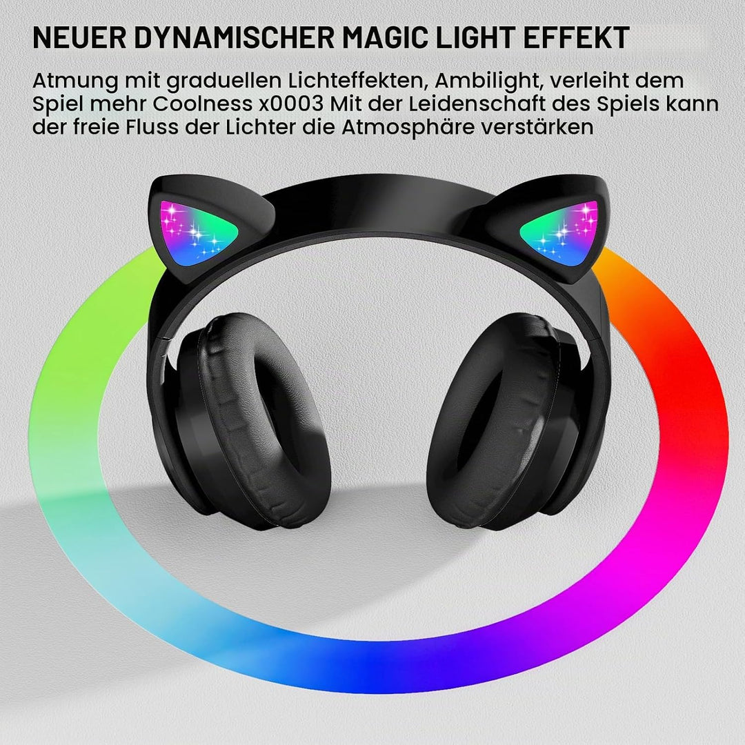 OHAANYY Katzenohr Kopfhörer Kindergeburtstag Geschenke Kind LED Katzenohren Einhorn Bluetooth Kabell