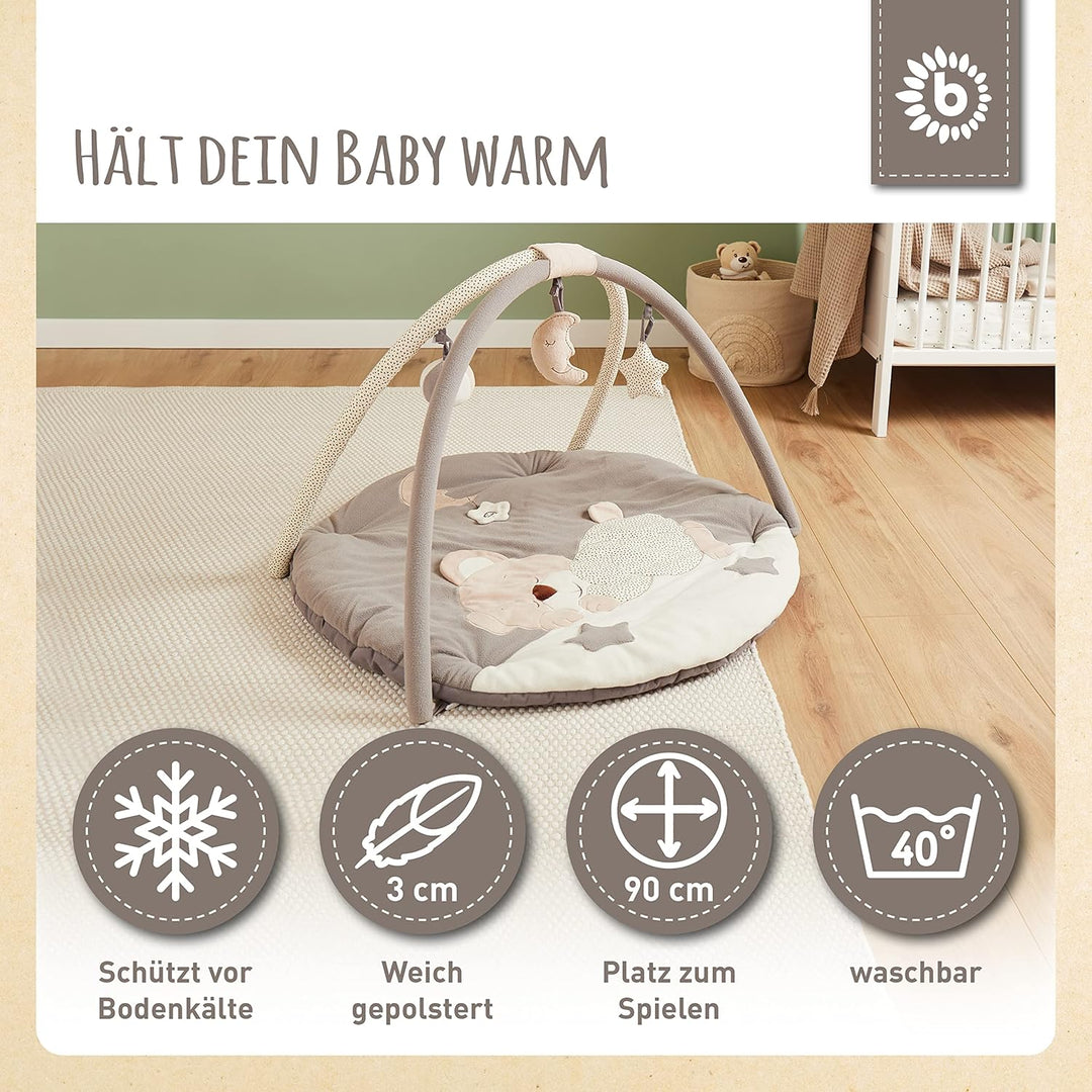 Bieco Krabbeldecke mit Spielbogen für Babys, Schlafbär | ∅ ca. 90 cm | süsse Mobile Spieldecke Baby