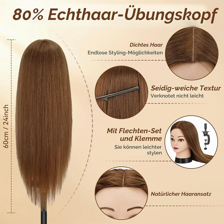 Trainingskopf 24 Zoll – 80% Echthaar Übungskopf für Friseur, Frisierkopf Echthaar,Styling Mannequin
