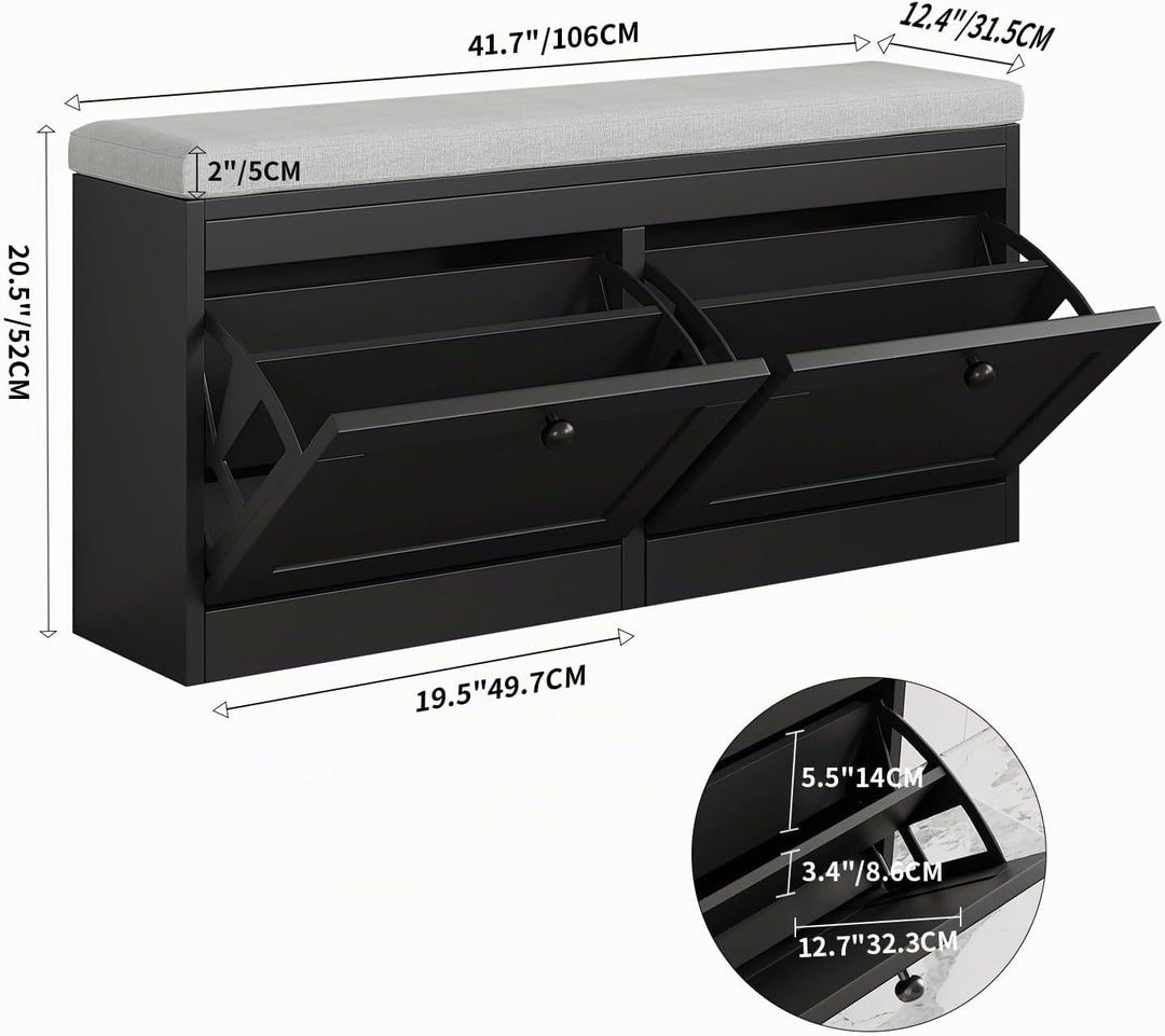 VOWNER Schuhschrank mit 2 Klappen, Schuhregal Schuhkipper Schmal, Sitzbank mit Sitzkissen, Verstellb
