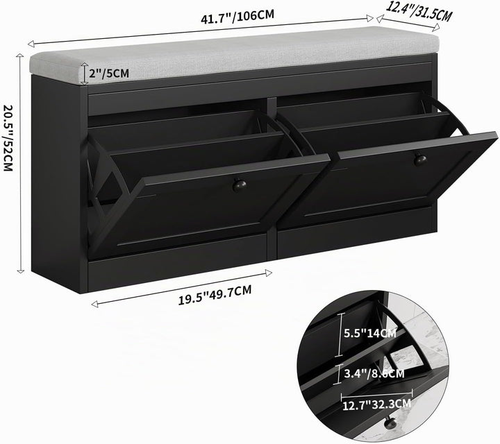 VOWNER Schuhschrank mit 2 Klappen, Schuhregal Schuhkipper Schmal, Sitzbank mit Sitzkissen, Verstellb