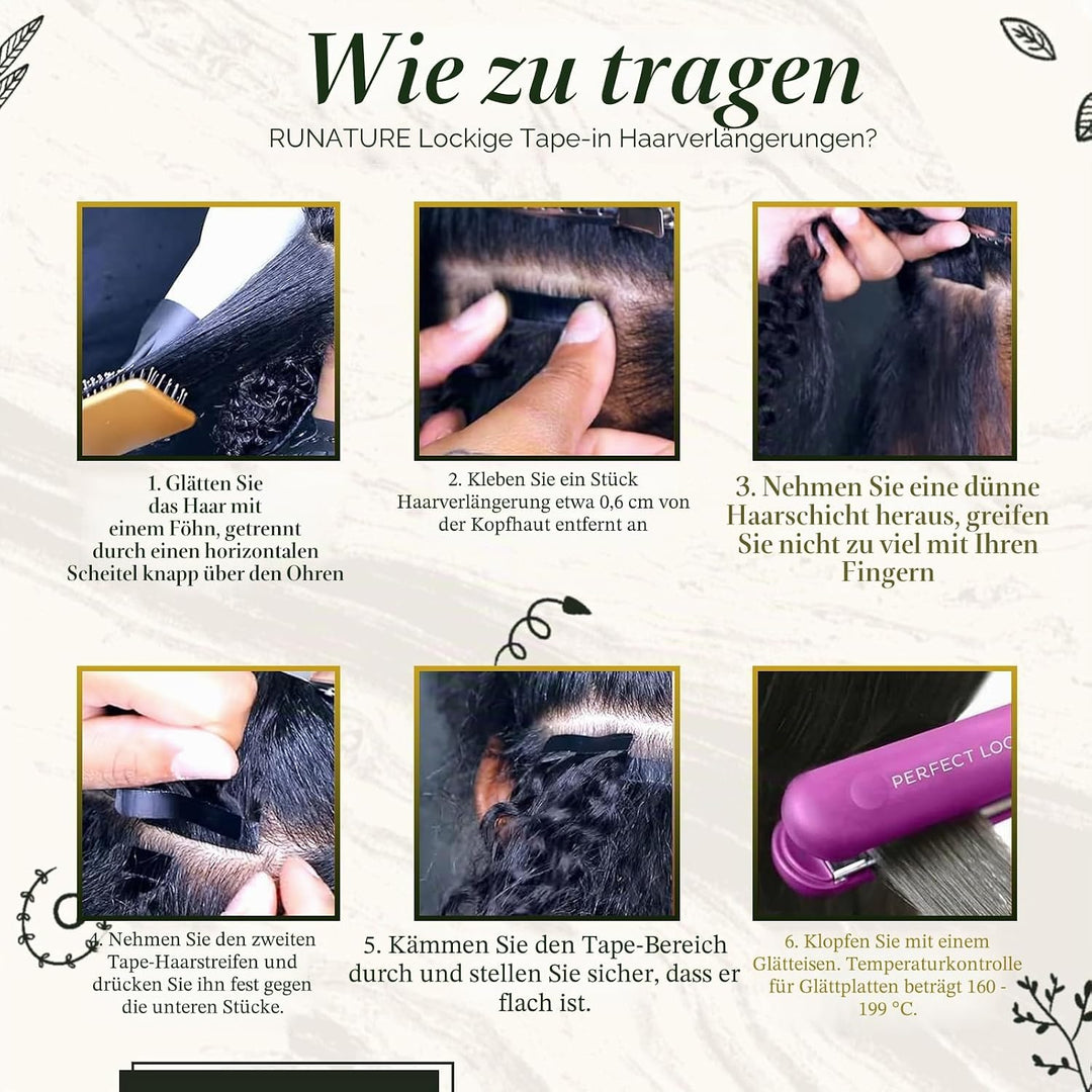 RUNATURE Tape in Extensions Echthaar Braun 35cm 20pcs Locken Haarverlangerung Invisible Tape Extensi