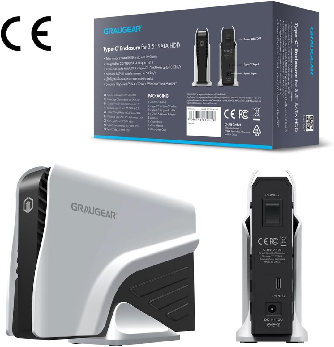 GRAUGEAR | Das Festplattengehäuse | für 3,5 oder 2,5 Zoll SATA Laufwerke | USB3.2 USB-C Anschluss |