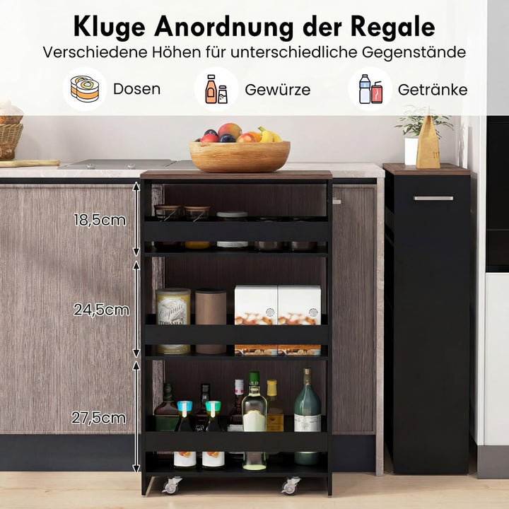 COSTWAY Nischenwagen 20cm breit, 4 Etagen Küchenwagen schmal, Nischenregal auf Rollen, Servierwagen