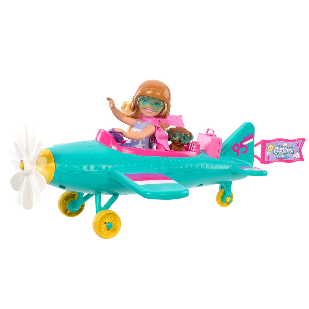 BARBIE Chelsea Flugzeug Puppe und Spielset - Pilotenpuppe, Flugzeug, Hündchen und Zubehör für Geschi