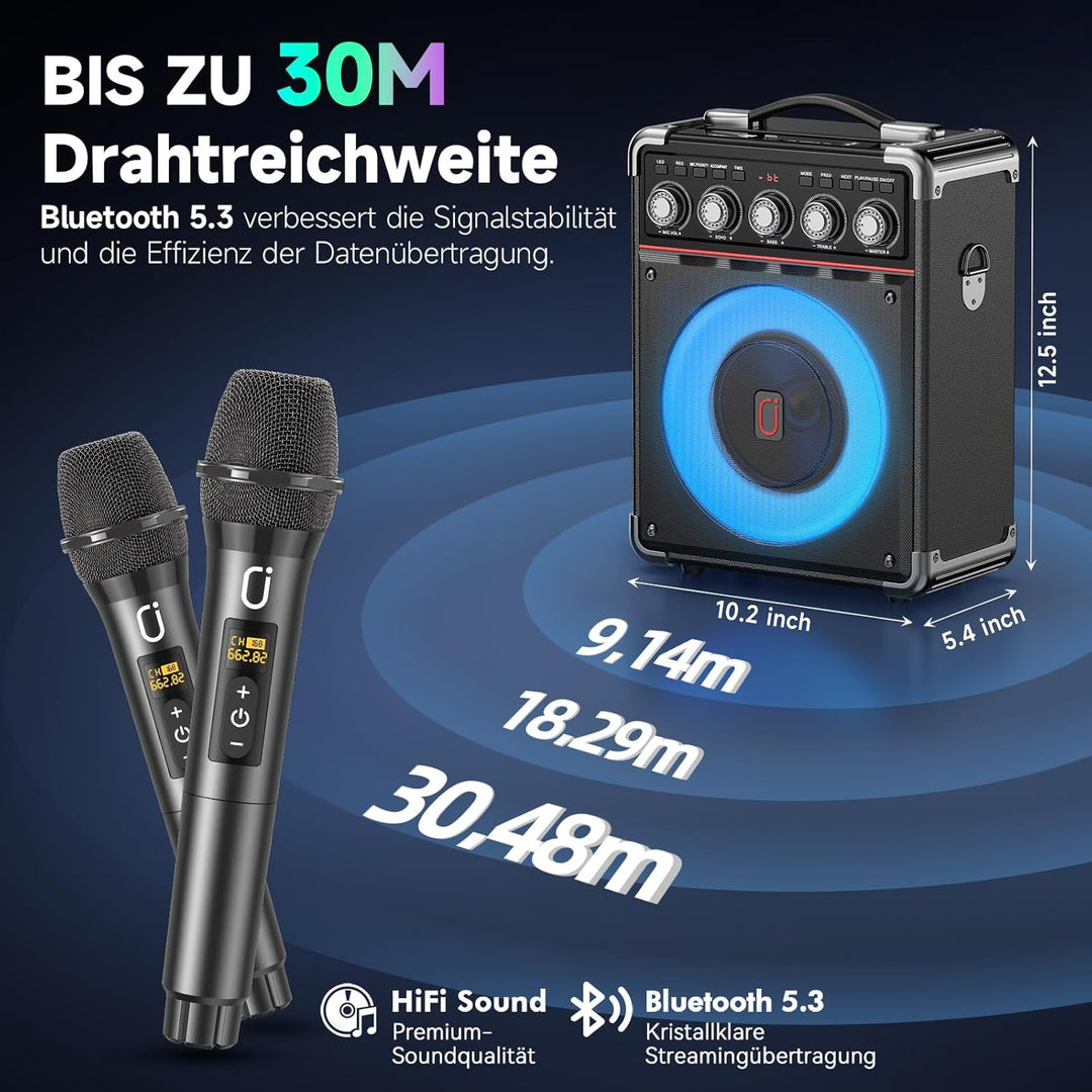 JYX Karaoke Maschine mit 2 drahtlosen Mikrofones, Tragbaren Karaoke Anlage Lautsprecher mit RGB-Lich