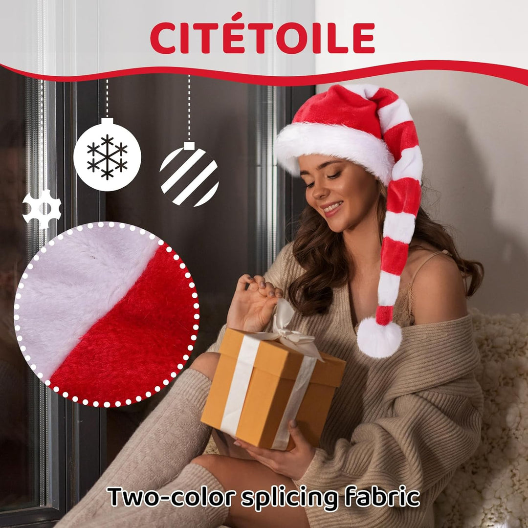 Weihnachtsmütze Verlängerte Erwachsene mit Streifen,Plüsch Weihnachtsmütze für Herren und Damen, San