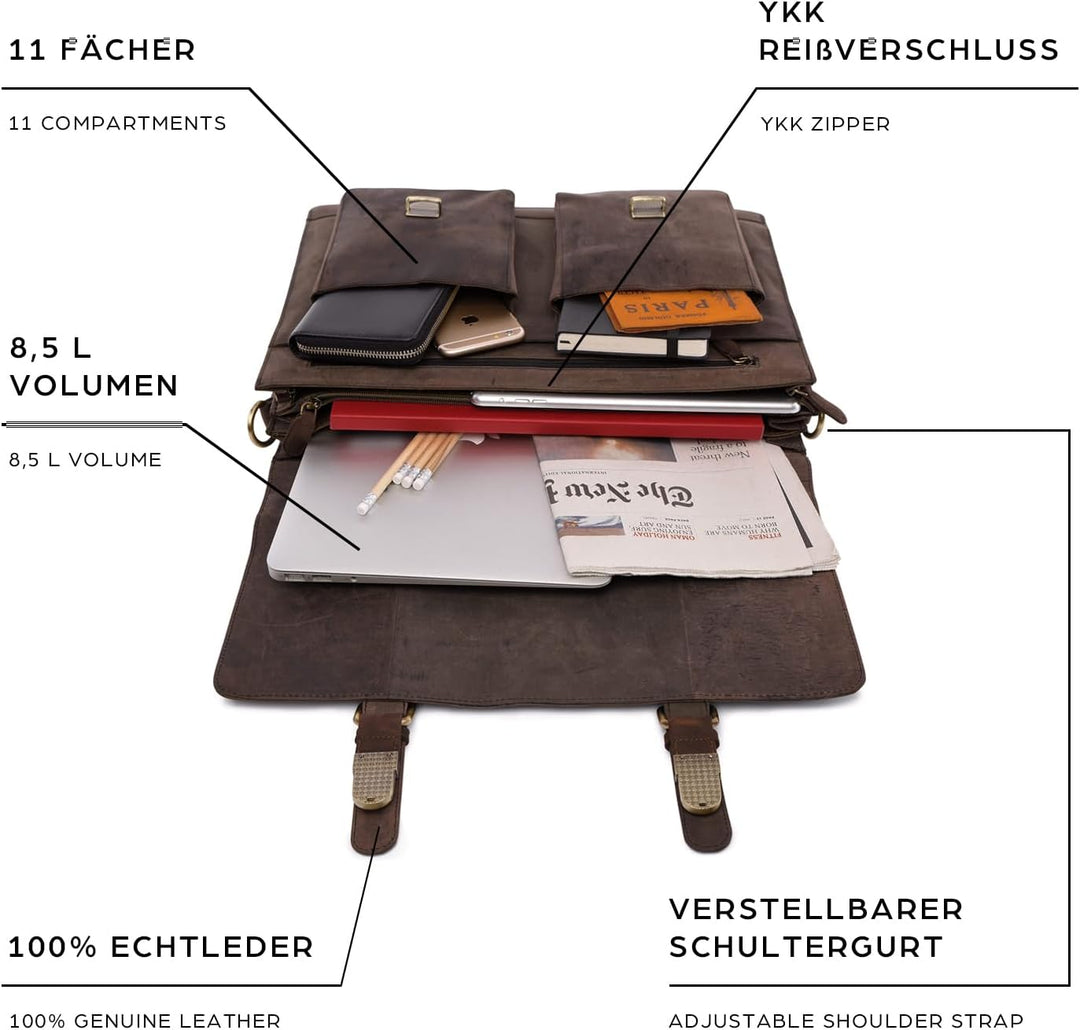 LEABAGS Leder Aktentasche Herren &amp; Damen I Echtleder Laptoptasche bis 15 Zoll I Umhängetasche mit Sc