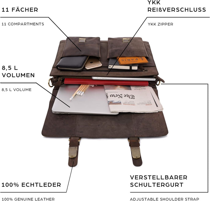 LEABAGS Leder Aktentasche Herren &amp; Damen I Echtleder Laptoptasche bis 15 Zoll I Umhängetasche mit Sc