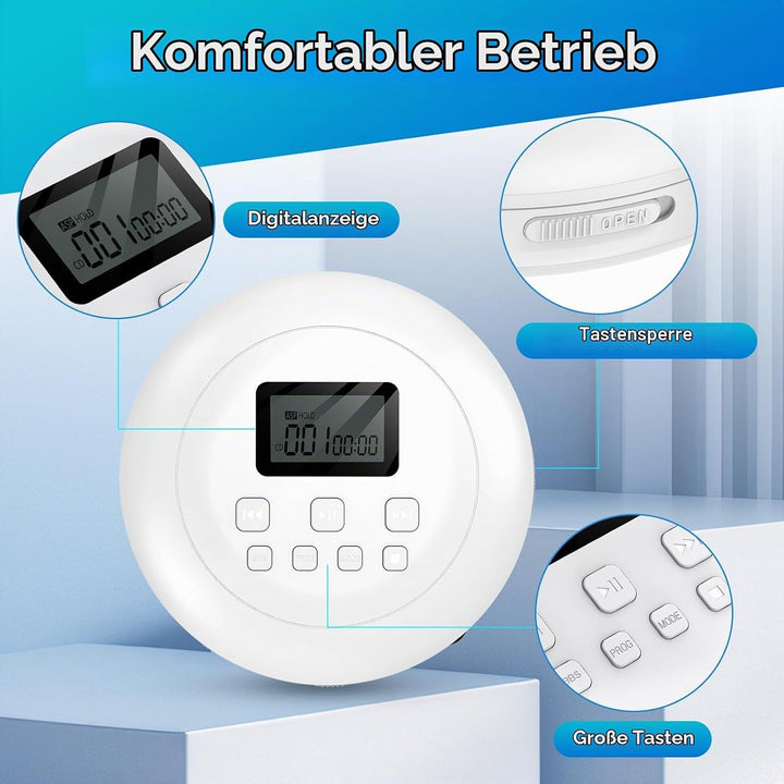Gueray Tragbarer CD-Player CD Spieler Persönliche CD Player mit Kopfhörer LCD Display Anti-Skip Schu