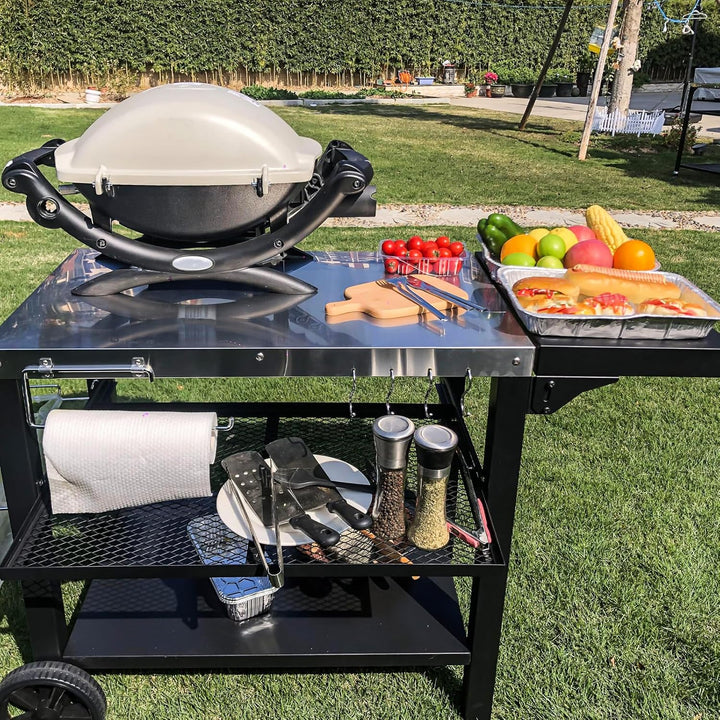 GFTIME Edelstahl Grilltisch Grillwagen mit 3 Etagen, Pizzaofenständer, Grilltisch für den Aussenbere