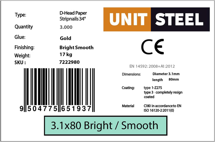 34° Halbkopf-Streifennägel - 3,1X80mm, 3.000 stück, Nägel für Druckluft-Nagler, D-Kopf, Glatt/blank,