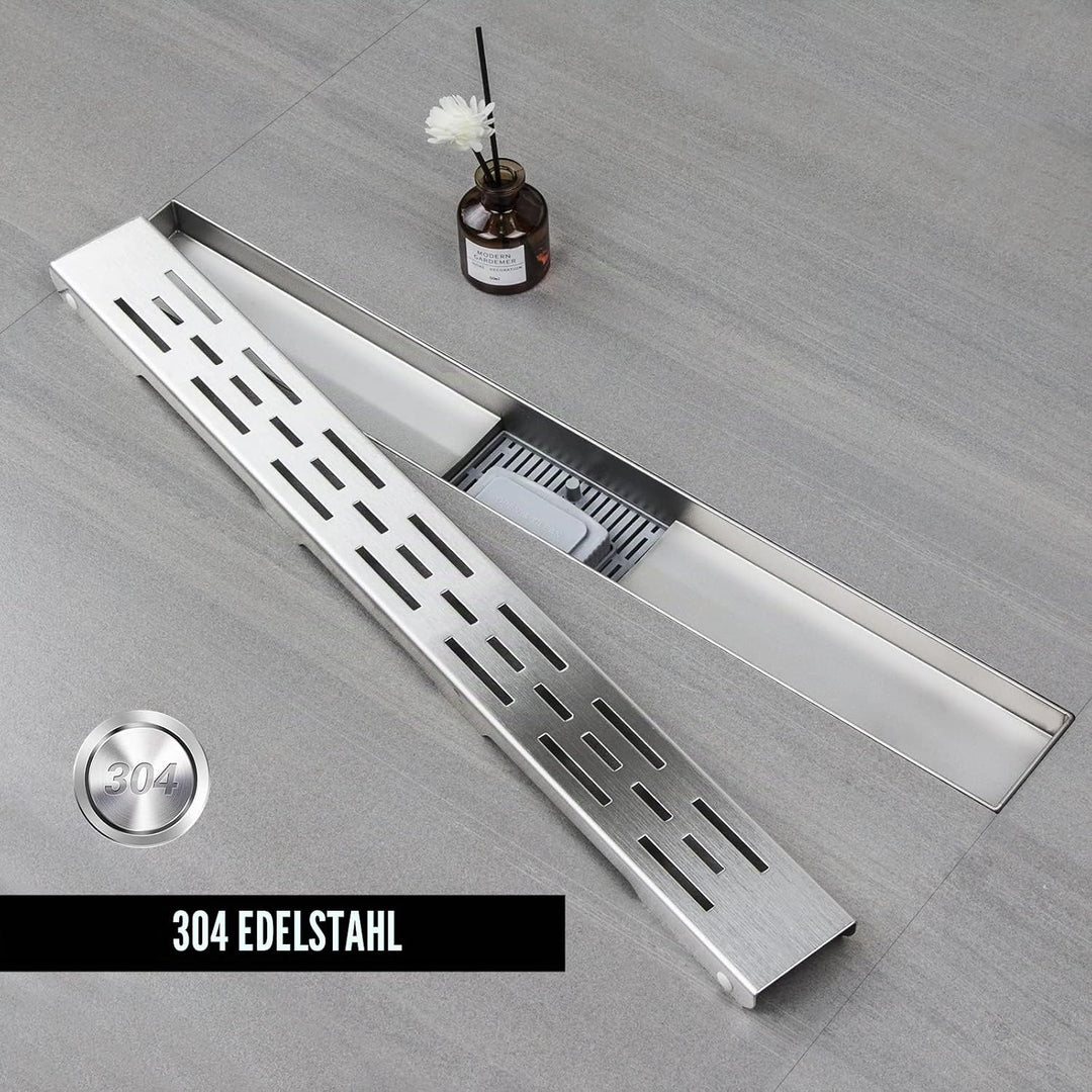 Duschrinne 60 cm, Strips Duschrinne extra flach, Edelstahl Bodenablauf Komplettset mit Siphon Haarsi