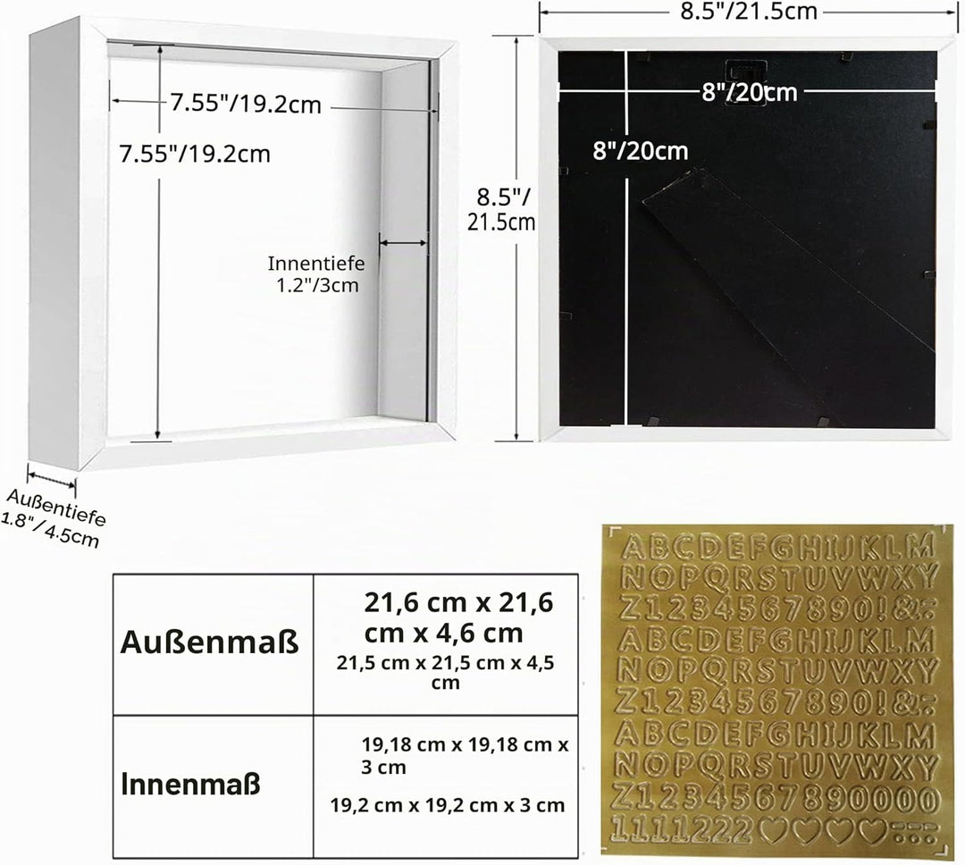 sunmeg 2Pcs 3D Bilderrahmen zum Befüllen 20 x 20cm Bilderrahmen Tief 3D Objektrahmen Hölzern bis 3cm