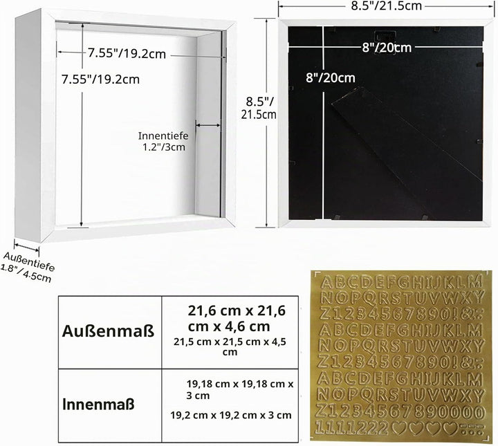 sunmeg 2Pcs 3D Bilderrahmen zum Befüllen 20 x 20cm Bilderrahmen Tief 3D Objektrahmen Hölzern bis 3cm