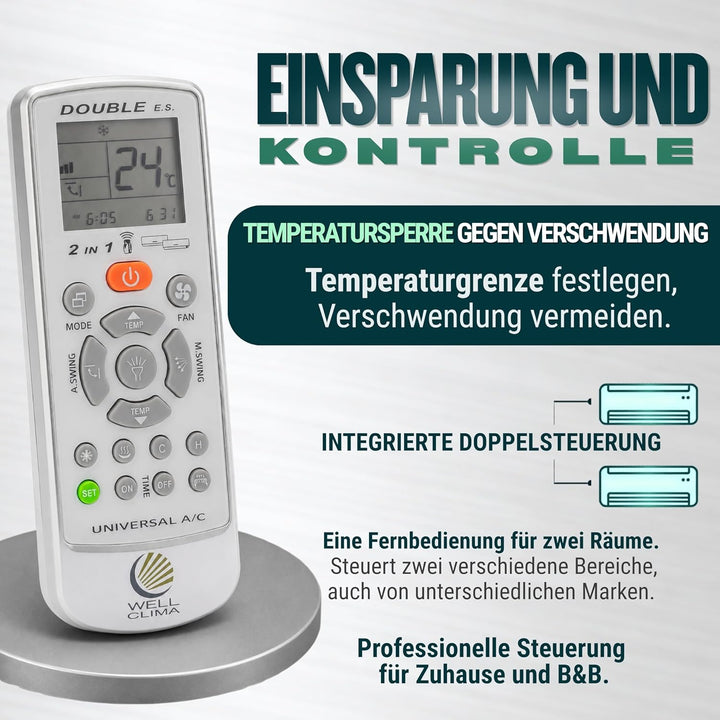 Wellclima Double E.S. Universal-Klimaanlagen-Fernbedienung, über 500 Marken kompatibel, integrierte