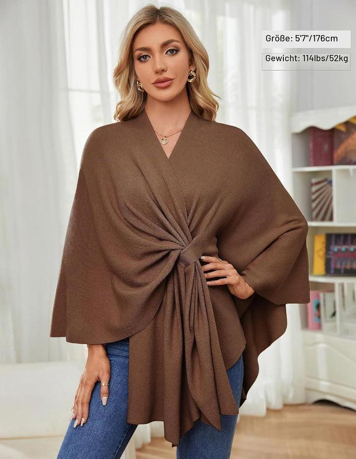 PULI Damen Elegant Poncho Strick Ponchos Capes Vorne öffnen Vielseitige Schalwickel mit Lasche Karam