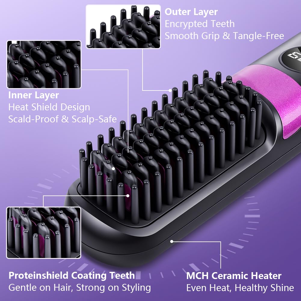 LOPHE Glättbürste, 2 in 1 Haarglätter Bürste mit LED Display, Hair Straightener Kabellos und Verbrüh
