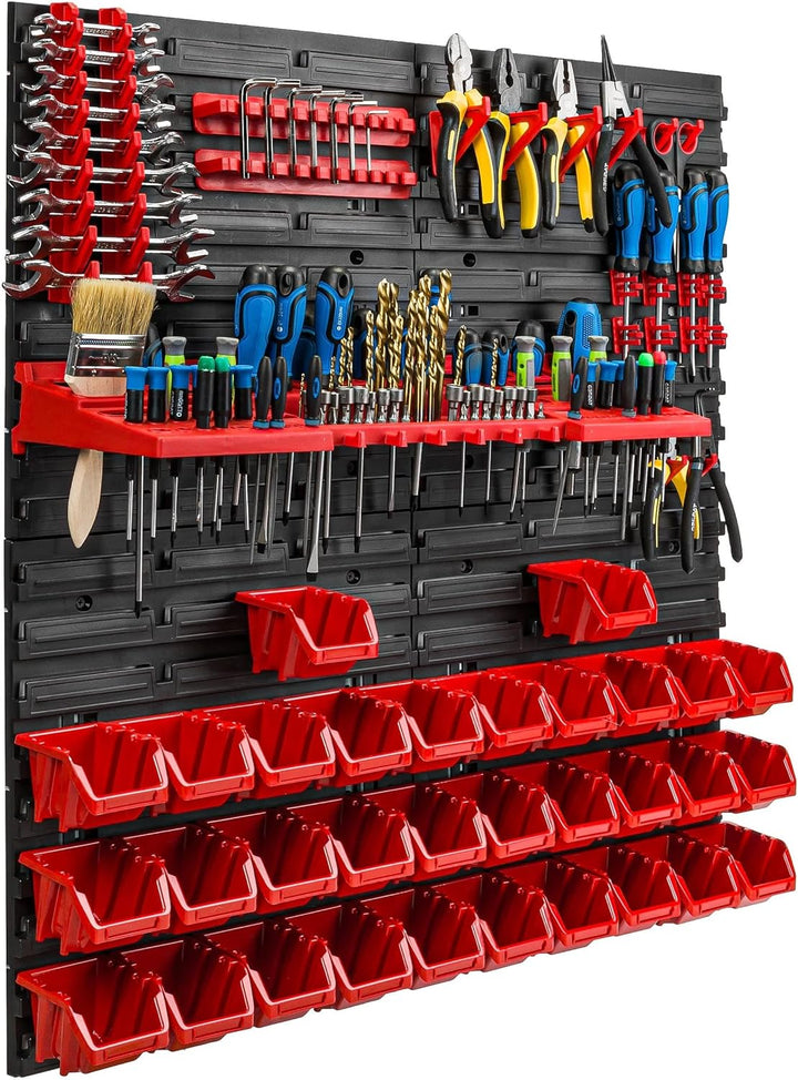 Lagersystem Werkstattregal | 78 x 78 cm | 32 stck. Box | Wandregal mit Werkzeughalterungen und Stape