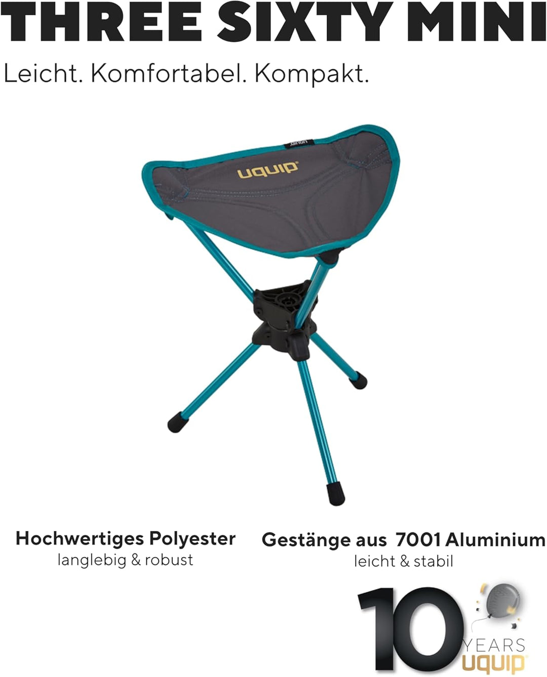 Uquip Three Sixty Leichtgewichts Dreibeinhocker mit innovativem 360° Drehgelenk, Grau, Grau