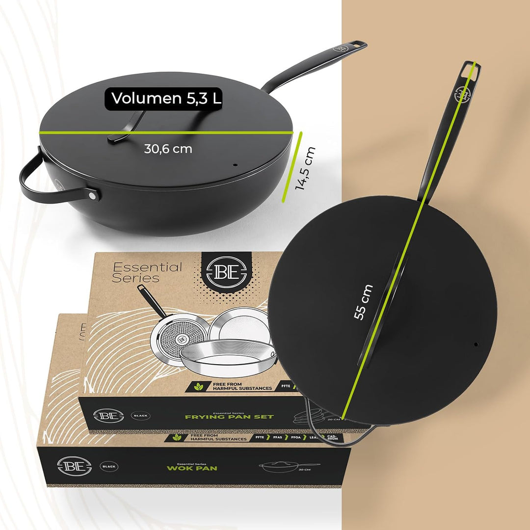 Be Living Essential Pfannenset 4-teilig, Bratpfanne 20/24/28 cm + Wokpfanne 28 cm mit Deckel, Non St