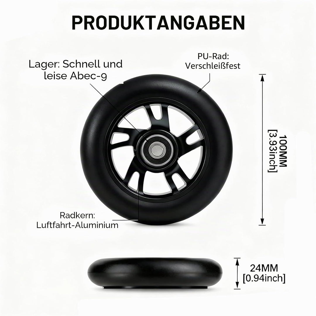 2 Stück Pro Stunt Scooter Rollen 100mm, Stunt Scooter Räder with ABEC-9 Bearings, Thickened PVC Repl