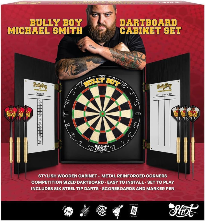 Shot Dart Michael Smith Bully Boy Cabinet Set Dartscheibe Sisal Dartboard Holzschrank mit 6 Dartpfei