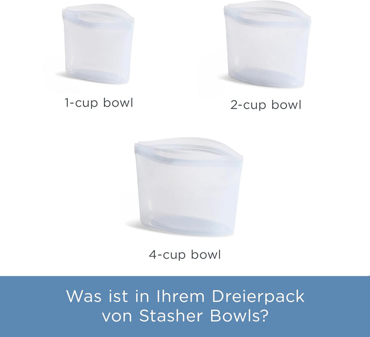 Stasher Bag Premium Silikonbeutel wiederverwendbar für Lebensmittel, Lot de 3, Klar, Dauerhaft, Back