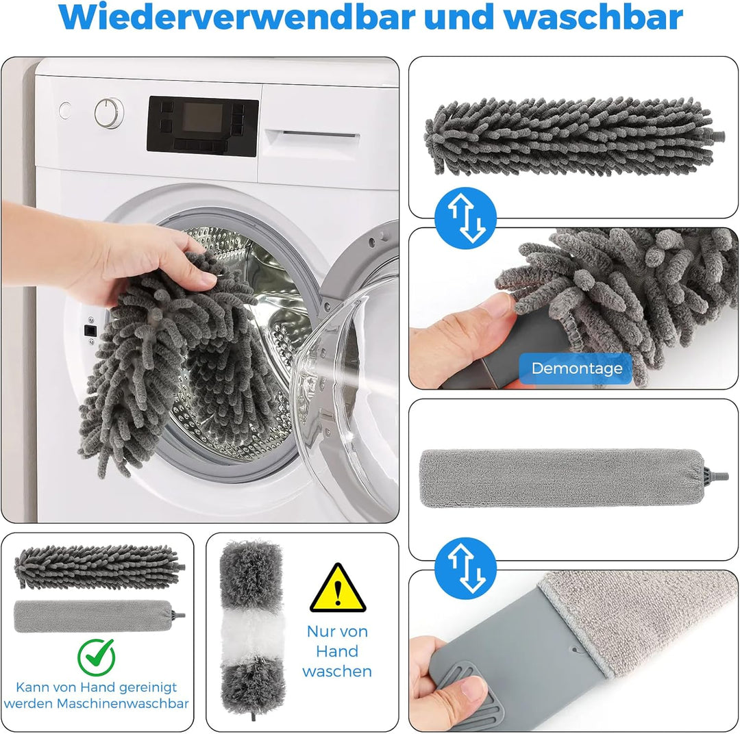 7 Stück Teleskop, Wolfskopf Maximale Länge 256cm, Waschbarer Mikrofaser-Staubwedel, Teleskop-Staubwe