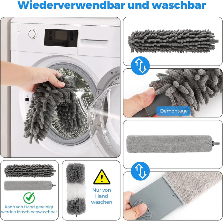 7 Stück Teleskop, Wolfskopf Maximale Länge 256cm, Waschbarer Mikrofaser-Staubwedel, Teleskop-Staubwe