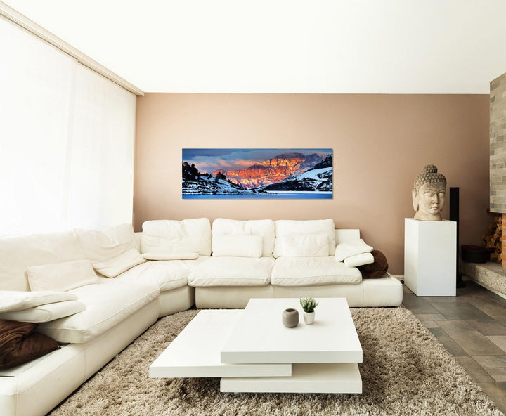 Paul Sinus Art Panoramabild auf Leinwand und Keilrahmen 150x50cm Italien Dolomiten Berge Schnee Aben