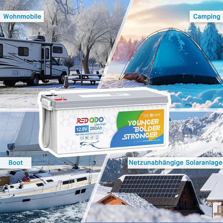 Redodo 12V 280Ah Low-Temp Schutz LiFePO4 Batterie, Eingebautes 200A BMS, Max. 3584Wh Energie, Perfek