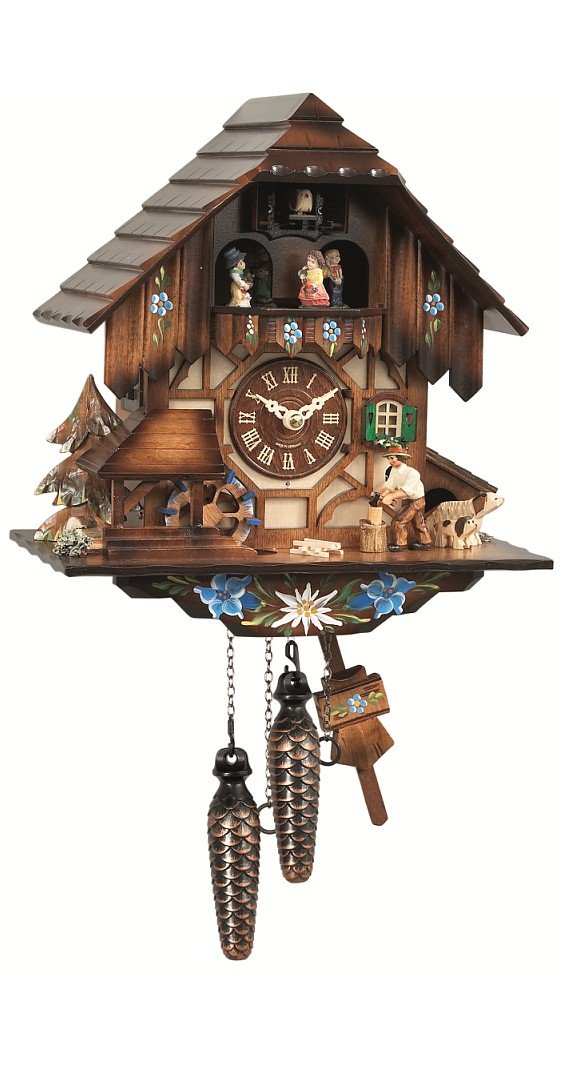 Engstler Quarz Kuckucksuhr mit Musik Schwarzwaldhaus mit beweglichem Holzhacker und Mühlrad EN 463 Q