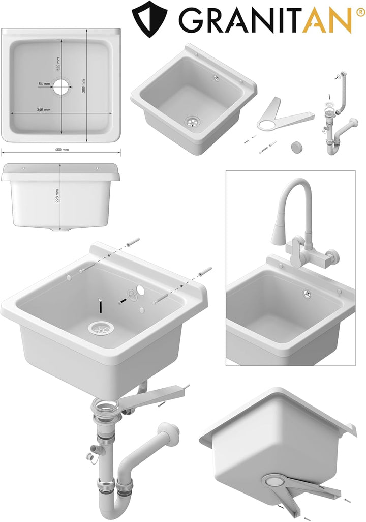 Granitan Ausgussbecken für Garage Keller Werkstatt und Waschküche - Universal Waschtrog mit Siphon -