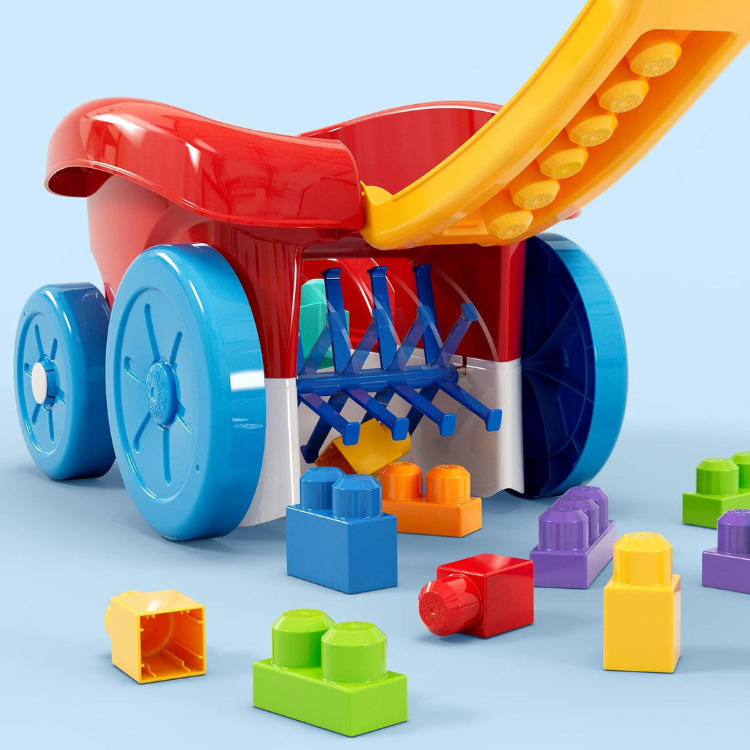 MEGA BLOKS Spielbausteine für Kleinkinder, Baustein-Ziehwagen mit 20 Teilen und integriertem Staufac