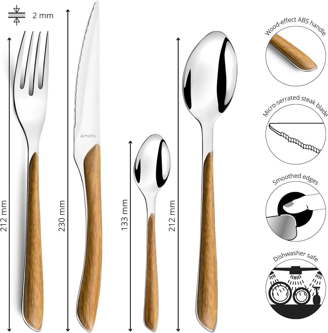 Amefa ECLAT Nature Besteckset, 24-teilig, Besteck Set für 6 Personen, braune Holz-Griffe, Spülmaschi