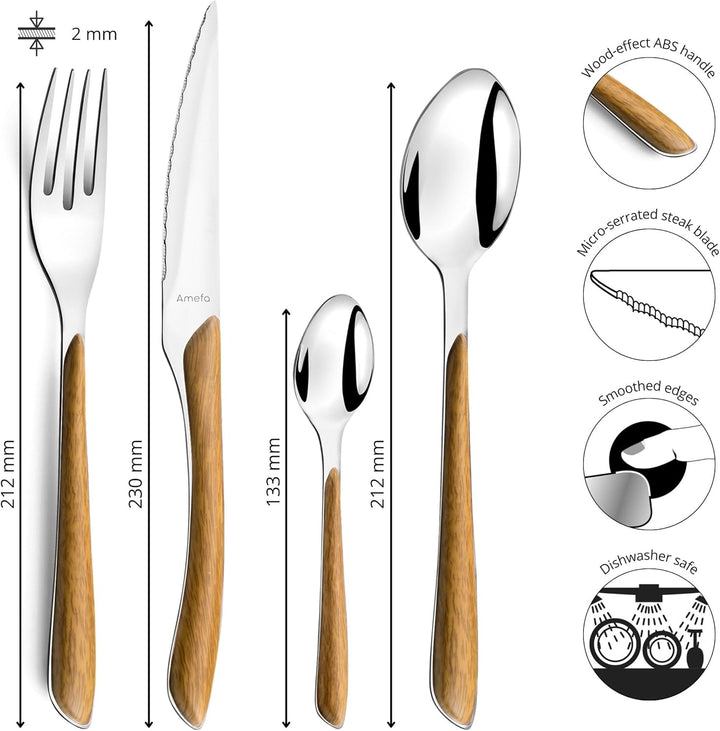 Amefa ECLAT Nature Besteckset, 24-teilig, Besteck Set für 6 Personen, braune Holz-Griffe, Spülmaschi