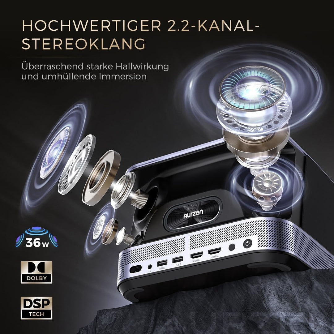 All-ln-One mit Beamer 4K Unterstützung, AURZEN Boom 3 Smart Projektor mit WiFi und Bluetooth, 3D-Ste