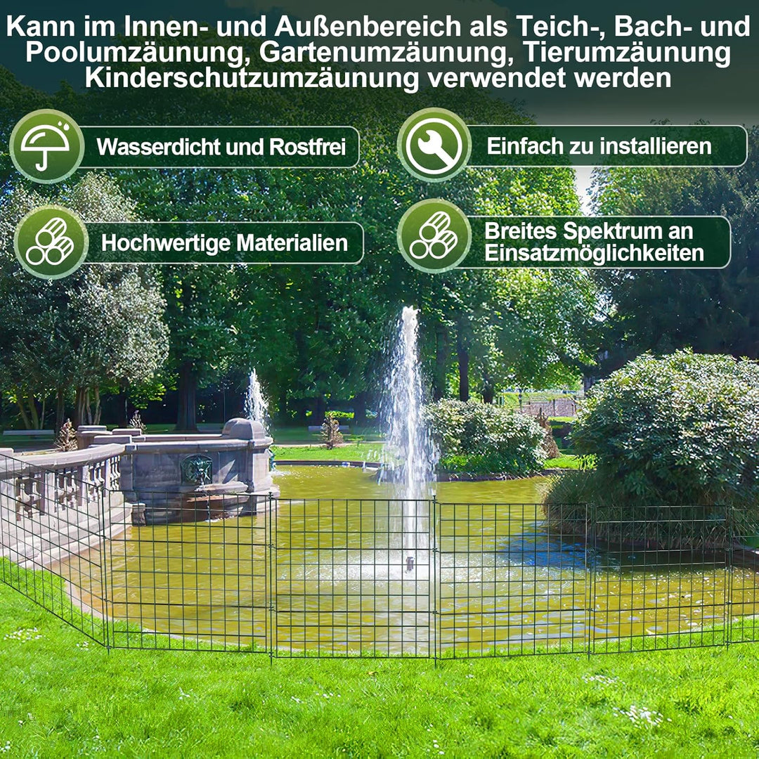 Herrselsam Teichzaun, 10tlg Set Gartenzaun Metall mit 22 Zaunelemente-10 Zaunelemente und 12 Befesti